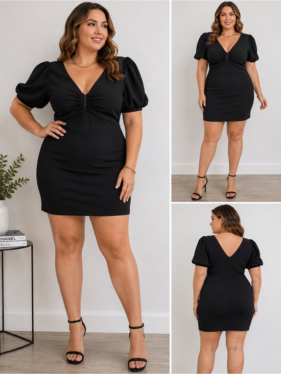 Guess Dresses & Skirts - GUESS Black Ruched Front Mini‎ Dress Size 16 Puff Sleeve